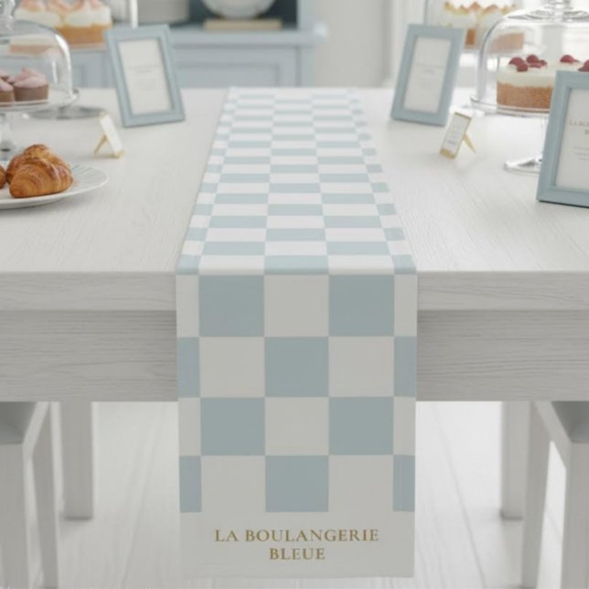 Blue Checkered Business Name Event Display Bakery Short Table Runner (Creator Uploaded)
