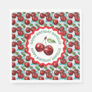 Blue Checkered Cherry Pattern Personalized Birthda Napkins