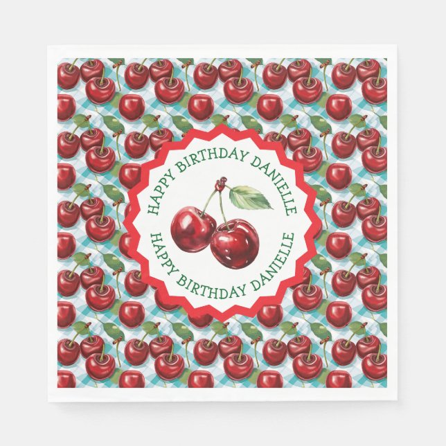 Blue Checkered Cherry Pattern Personalized Birthda Napkins (Front)