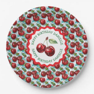 Blue Checkered Cherry Pattern Personalized Birthda Paper Plates