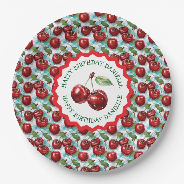 Blue Checkered Cherry Pattern Personalized Birthda Paper Plates (Front)