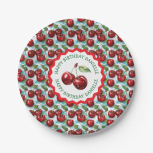 Blue Checkered Cherry Pattern Personalized Birthda Paper Plates