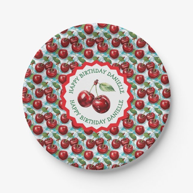 Blue Checkered Cherry Pattern Personalized Birthda Paper Plates (Front)