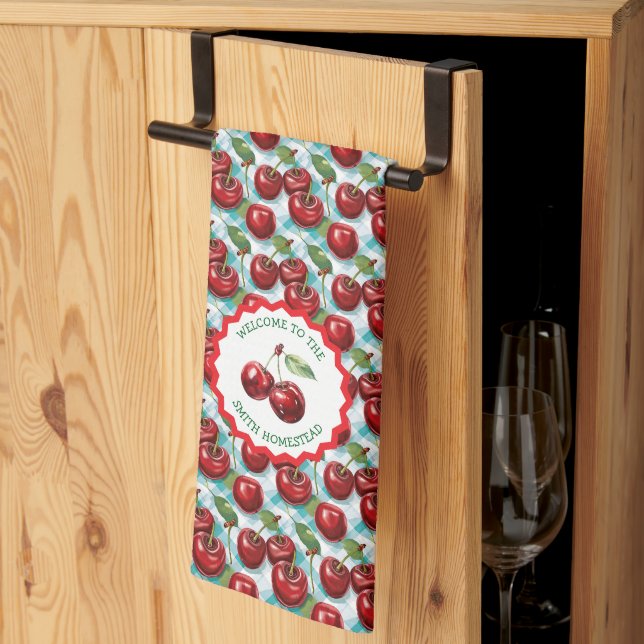 Blue Checkered Cherry Pattern Personalized  Kitchen Towel (Thirds Fold)