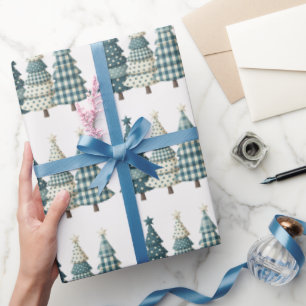 Blue Checkered Christmas Trees   Wrapping Paper