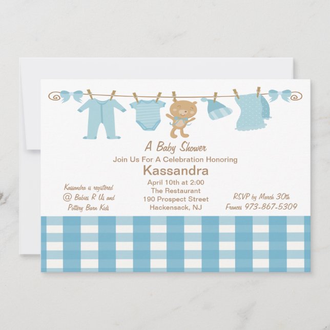 Blue Checkered Clothes Line Baby Shower Invitation (Front)