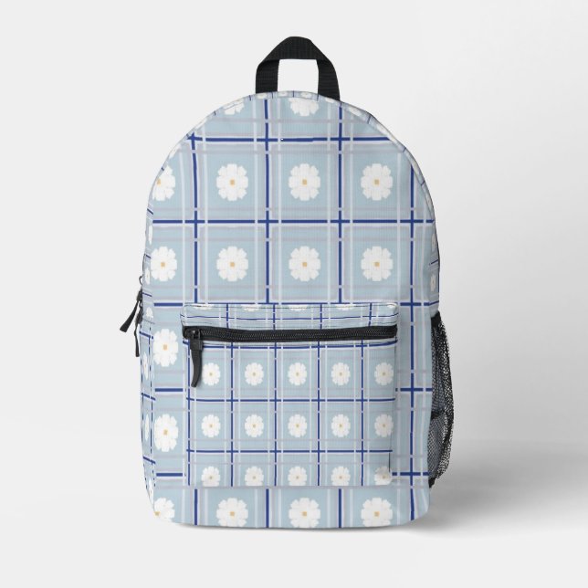 Blue Checkered Daisy pattern Printed Backpack (Front)