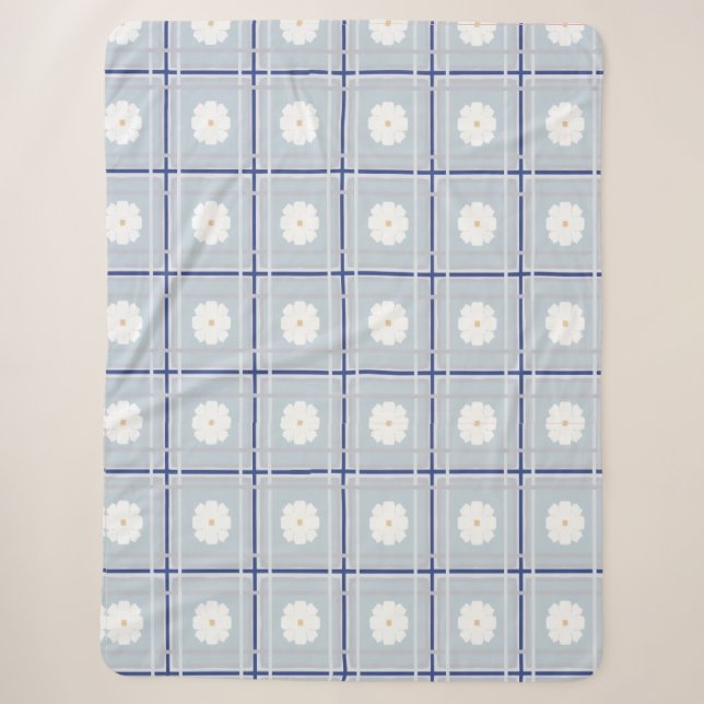 Blue Checkered Daisy pattern Sherpa Blanket (Front)