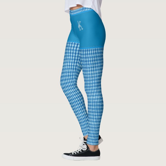 Blue Checkered Fabric Print Monogram Personalized Leggings (Left)
