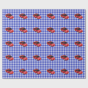Blue Checkered Flag Red Car Birthday Wrapping Paper