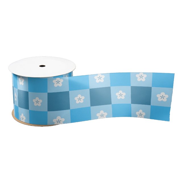 Blue Checkered Floral Satin Ribbon (Spool)