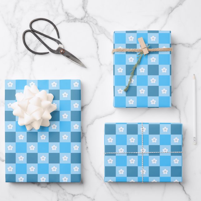 Blue Checkered Floral Wrapping Paper Sheets (Front)