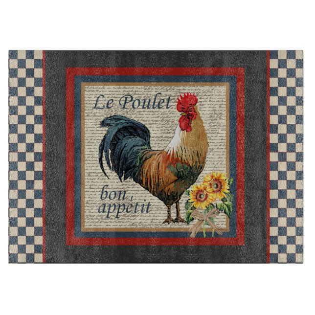 Blue Checkered French Country Rooster Cutting Board (Front)