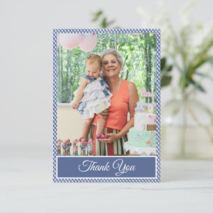 Blue Checkered Gingham Birthday Thank You Photo Card