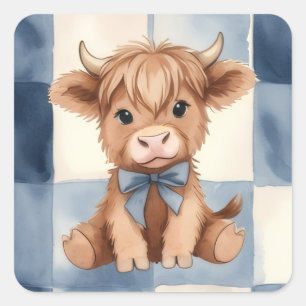 Blue Checkered Highland Cow Cute Gift Square Sticker