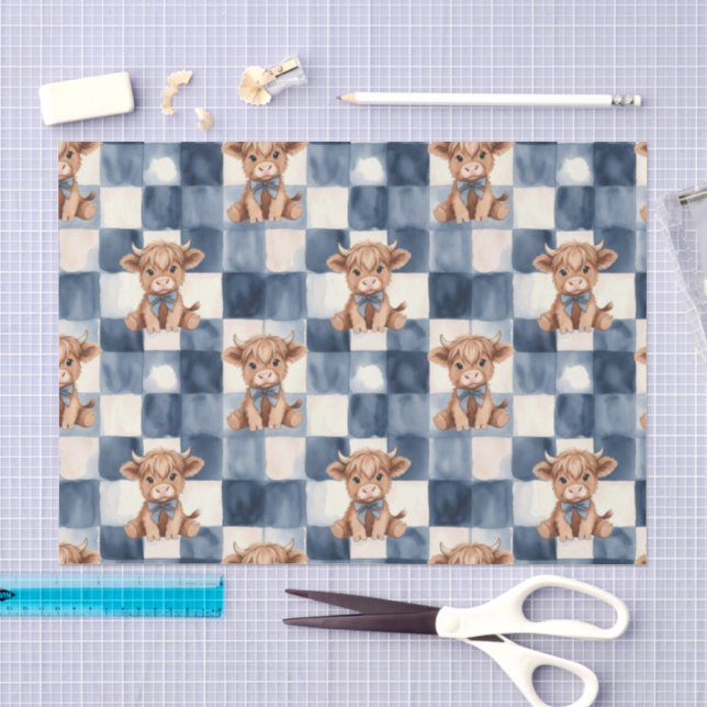 Blue Checkered Highland Cow Cute Gift Wrap Tissue Paper (Craft)