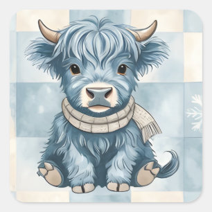 Blue Checkered Highland Cow Cute Square Sticker