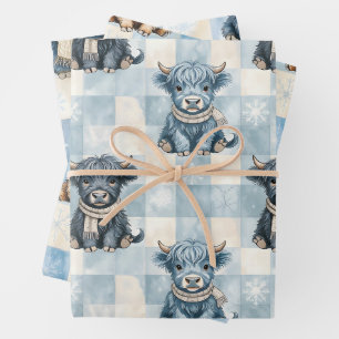 Blue Checkered Highland Cow Cute Wrapping Paper Sheets
