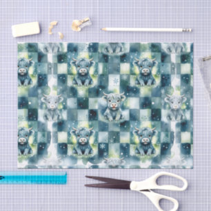 Blue Checkered Highland Cow Snow Winter Tissue Paper