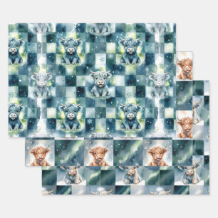 Blue Checkered Highland Cow Snow Winter Wrapping Paper Sheets