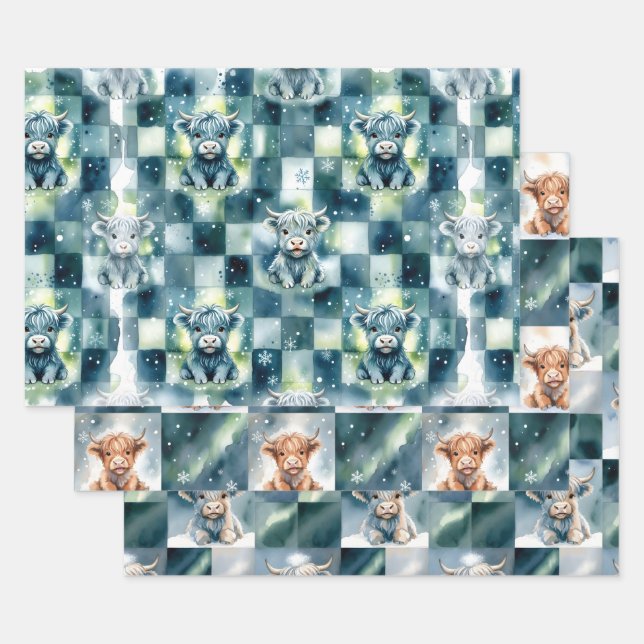 Blue Checkered Highland Cow Snow Winter Wrapping Paper Sheets (Set)