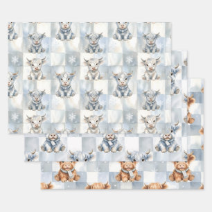 Blue Checkered Highland Cow Snowflake Cool Winter Wrapping Paper Sheets