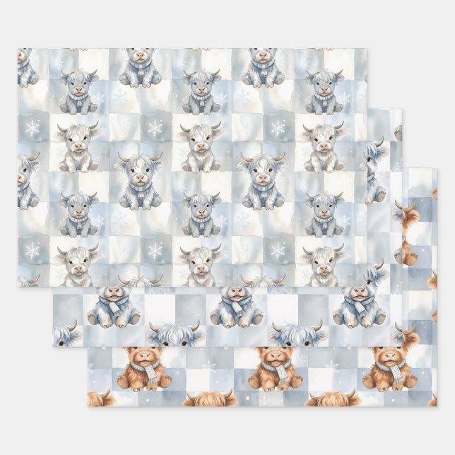 Blue Checkered Highland Cow Snowflake Cool Winter Wrapping Paper Sheets (Set)