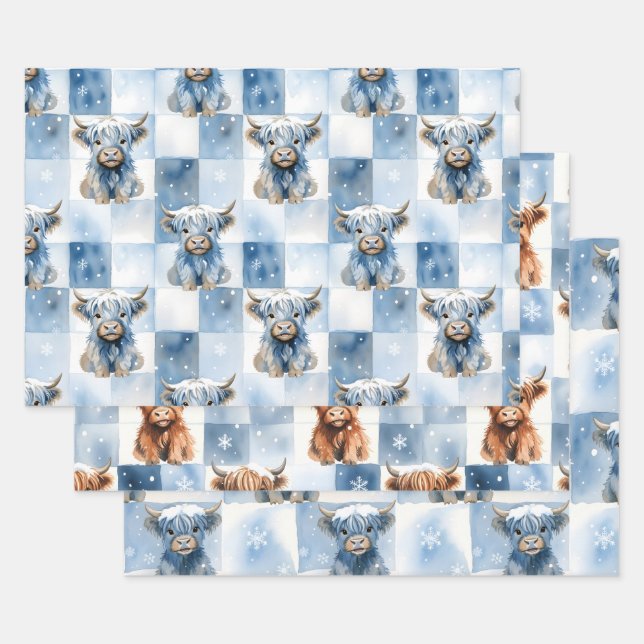 Blue Checkered Highland Cow Snowflake Winter Wrapping Paper Sheets (Set)