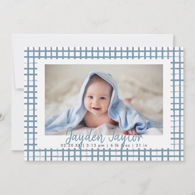 Blue Checkered Pattern Boy Photo Birth Announcement (Front)