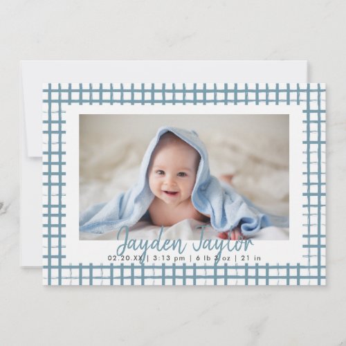 Blue Checkered Pattern Boy Photo Birth Announcement