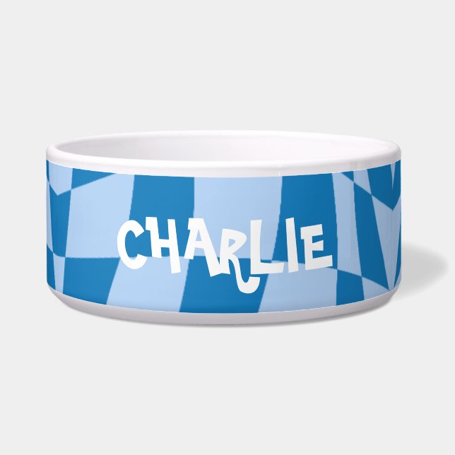 Blue Checkered Pattern Cat Or Dog Pet Name Bowl (Front)