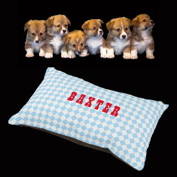 Blue Checkered Pattern Dog Cat Puppy Name Plush Pet Bed