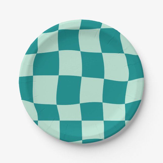 Blue Checkered Pattern Groovy Retro Paper Plates (Front)
