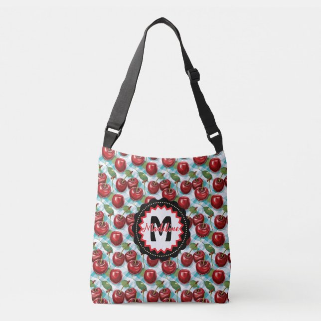 Blue Checkered Plaid Cherry Pattern Personalized Crossbody Bag (Front)