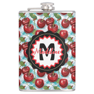 Blue Checkered Plaid Cherry Pattern Personalized Flask