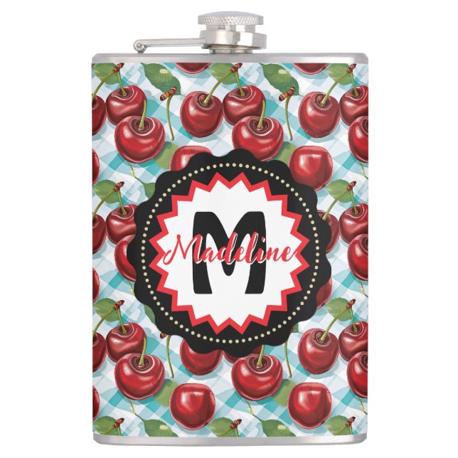 Blue Checkered Plaid Cherry Pattern Personalized Flask (Front)