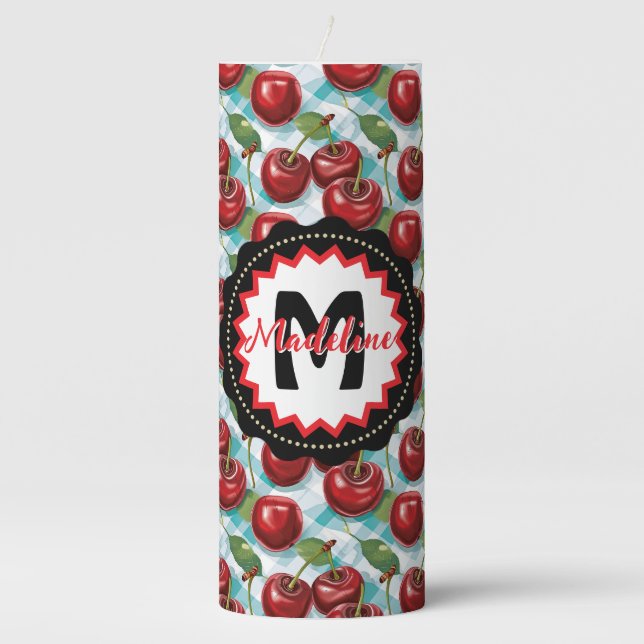 Blue Checkered Plaid Cherry Pattern Personalized Pillar Candle (Front)