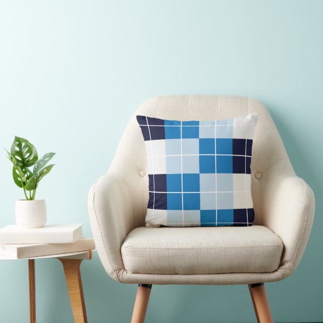 Blue Checkered Plaid Pattern Throw Pillow (Chair)