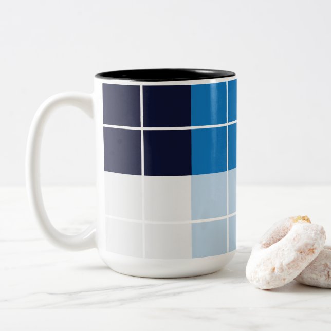 Blue Checkered Plaid  Two-Tone Coffee Mug (With Donut)
