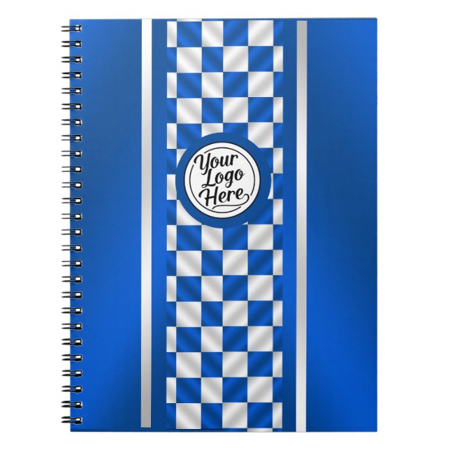 Blue Checkered Racing Stripe Logo Design Spiral Notebook (Front)