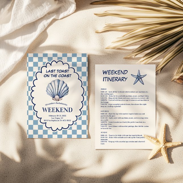 Blue Checkered Seashell Bachelorette Weekend Invitation (Creator Uploaded)