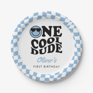 Blue Checkered Smile One Cool Dude 1st Birthday Paper Plates
