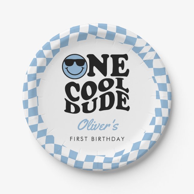 Blue Checkered Smile One Cool Dude 1st Birthday Paper Plates (Front)