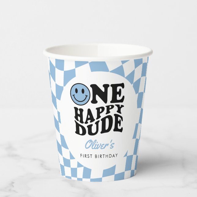 Blue Checkered Smile One Happy Dude 1st Birthday Paper Cups (Left)