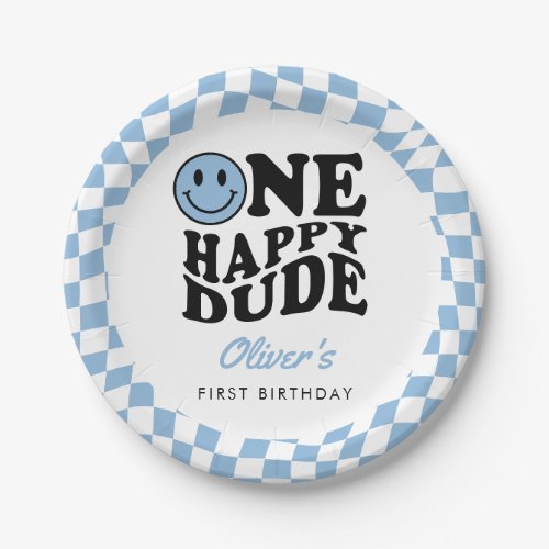 Blue Checkered Smile One Happy Dude 1st Birthday Paper Plates