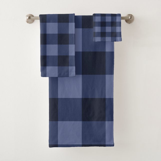 Blue Checkered Squares Plaid Bath Towel Set (Insitu)