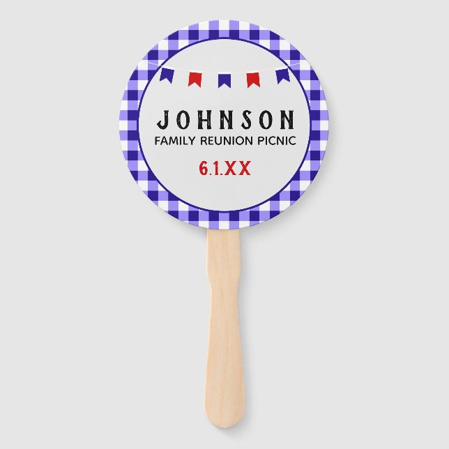 Blue Checkered Tablecloth Summer Picnic Reunion Hand Fan (Front)