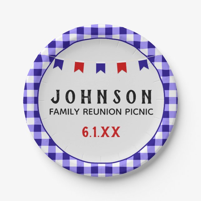 Blue Checkered Tablecloth Summer Picnic Reunion Paper Plates (Front)