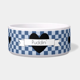 Blue Checkers with Heart Ceramic Pet Bowl - HAMbWG