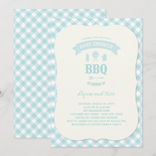 Blue Checks BBQ Boy Baby Shower Summer Party Announcements